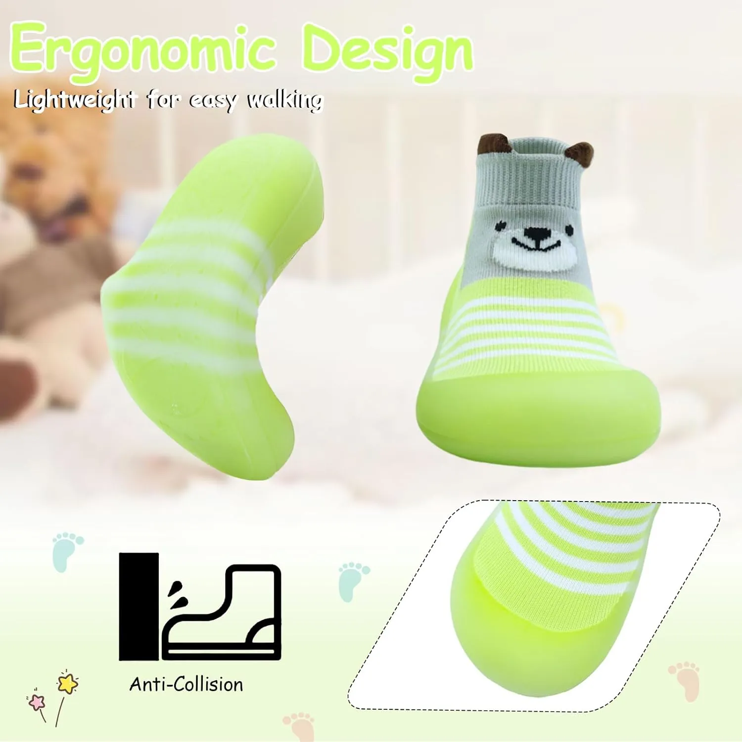 1 Pair Baby Shoes, Baby Socks Shoes Boys/Girls Walkers Shoes Non-Skid Slipper Shoes with Soft Rubber Sole Toddle Sneaker Pinks, Gray, Green
