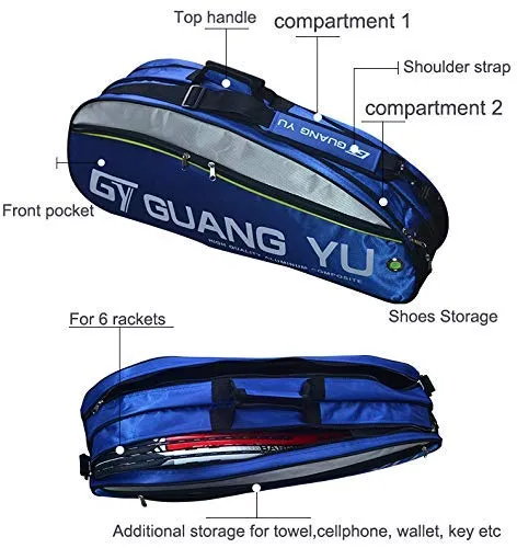 6 Sticks Racquet Tennis Bag Waterproof Badminton Racket Cover Case Duffle Single Shoulder Racket Carry Bag with Shoes Storage Oxford Nylon Sports Euipments Handbag Large Capacity Racquetball Backpack