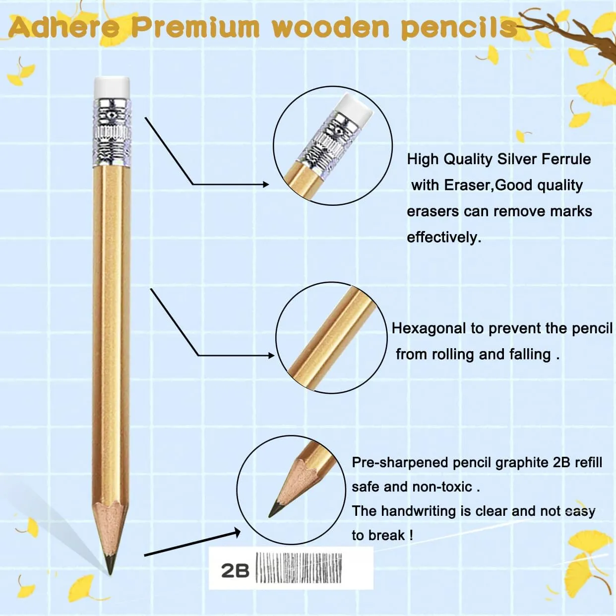 Adhere 25pcs Golf Pencils with eraser Hexagon Wooden Pencils Graphite 2B for Golf Event Scoring,Classroom,Wedding,Company Meetings,Pew, Pocket (Gold)