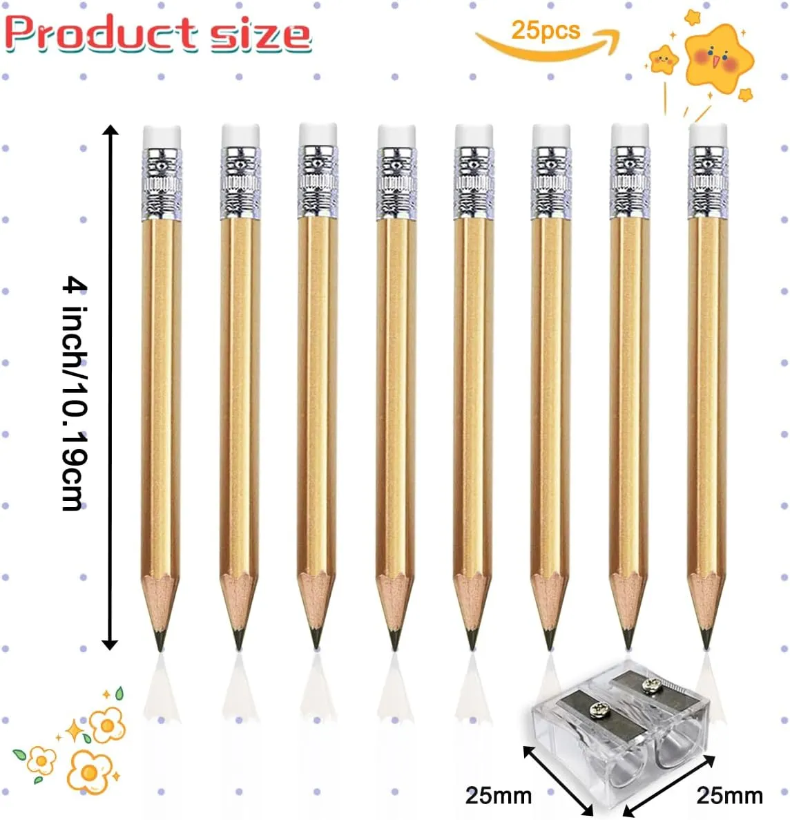 Adhere 25pcs Golf Pencils with eraser Hexagon Wooden Pencils Graphite 2B for Golf Event Scoring,Classroom,Wedding,Company Meetings,Pew, Pocket (Gold)