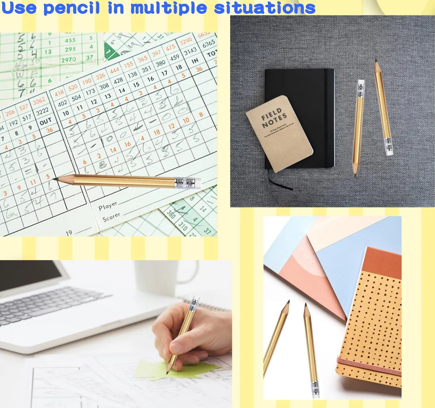Adhere 25pcs Golf Pencils with eraser Hexagon Wooden Pencils Graphite 2B for Golf Event Scoring,Classroom,Wedding,Company Meetings,Pew, Pocket (Gold)