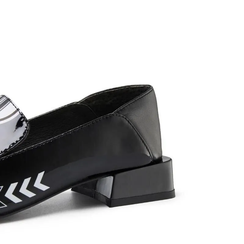 Black Rider Pattern Loafer square heel low women's oxford loafer shoes - Hars