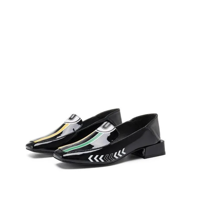 Black Rider Pattern Loafer square heel low women's oxford loafer shoes - Hars