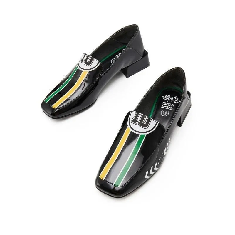 Black Rider Pattern Loafer square heel low women's oxford loafer shoes - Hars