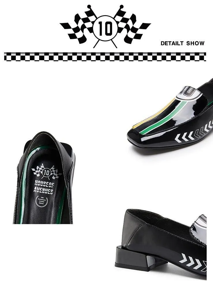 Black Rider Pattern Loafer square heel low women's oxford loafer shoes - Hars