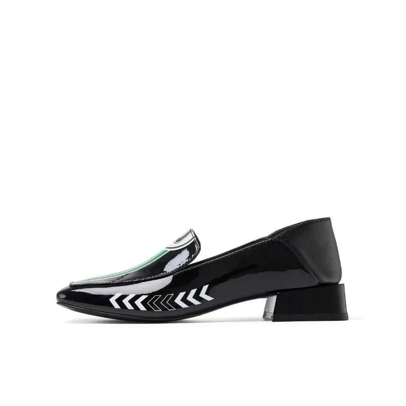 Black Rider Pattern Loafer square heel low women's oxford loafer shoes - Hars