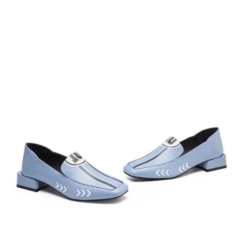 Black Rider Pattern Loafer square heel low women's oxford loafer shoes - Hars
