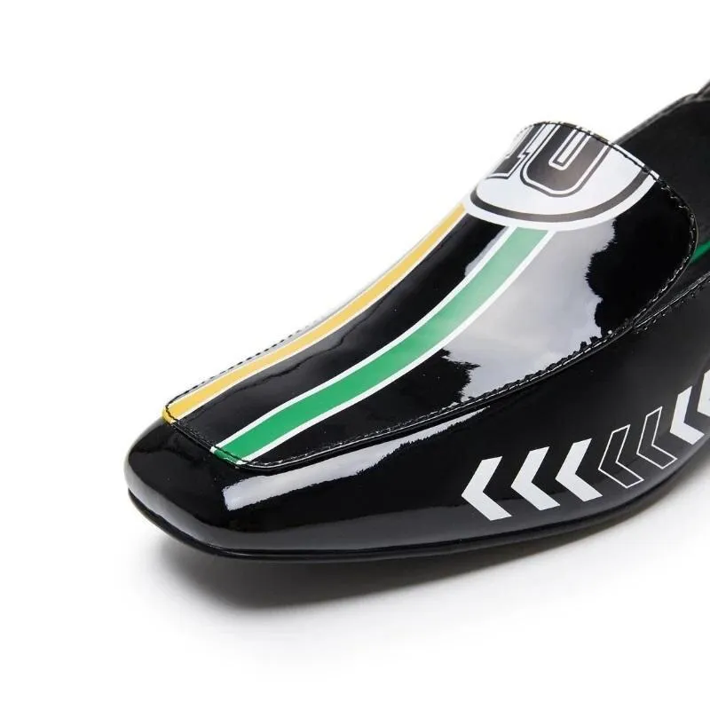 Black Rider Pattern Loafer square heel low women's oxford loafer shoes - Hars