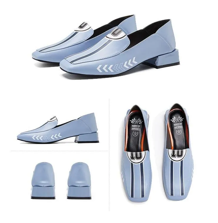 Black Rider Pattern Loafer square heel low women's oxford loafer shoes - Hars