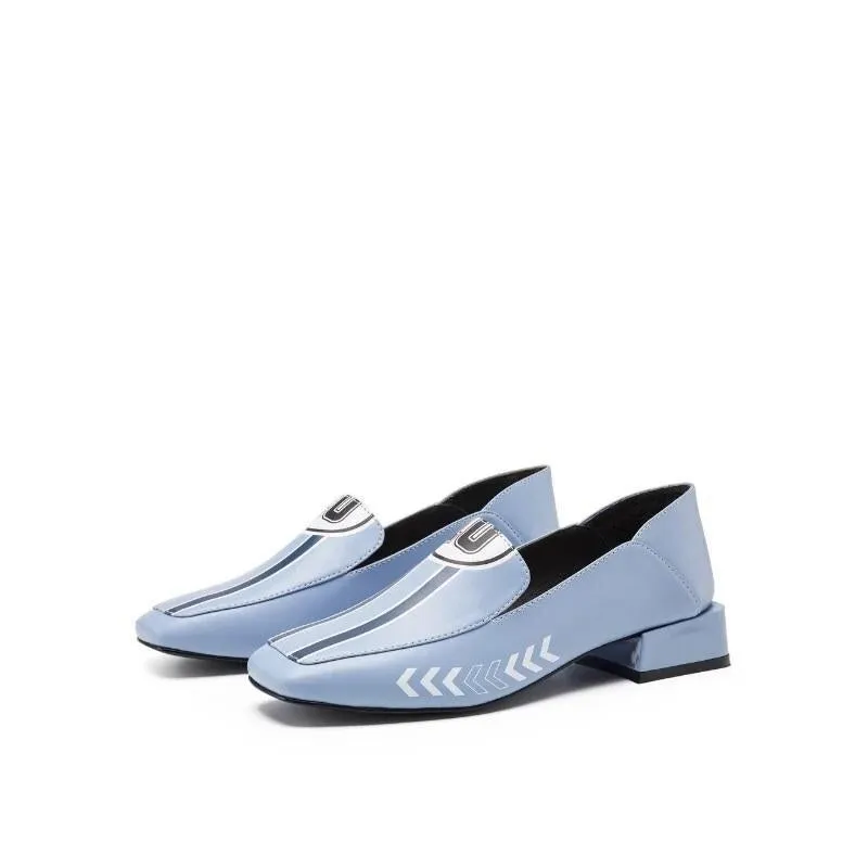 Black Rider Pattern Loafer square heel low women's oxford loafer shoes - Hars