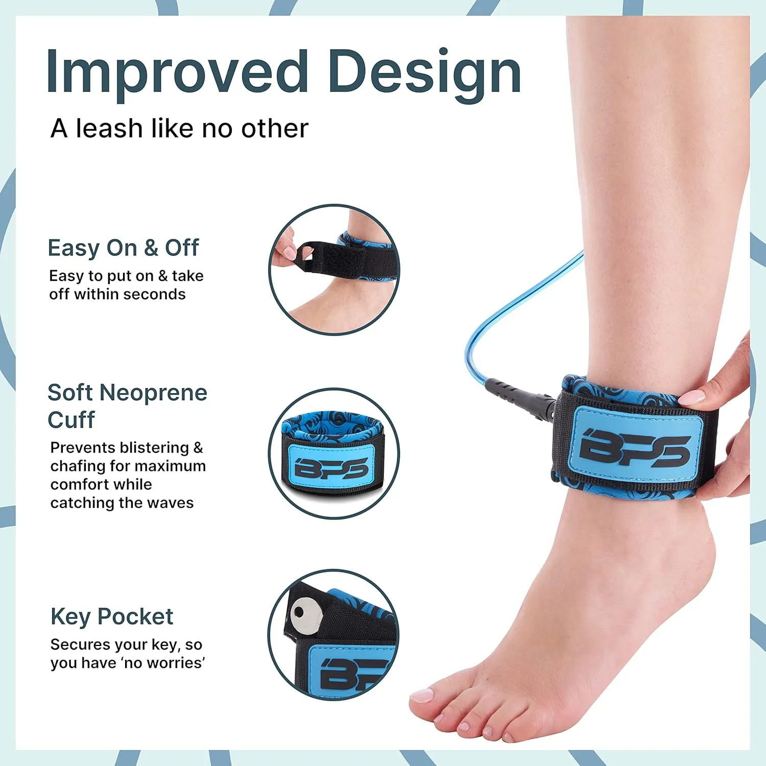 BPS New Zealand Storm Premium Surfboard Leash, 7.2mm 8mm Straight Surf Leash 6ft 7/8/9/10 ft, Legrope Strap for All Boards