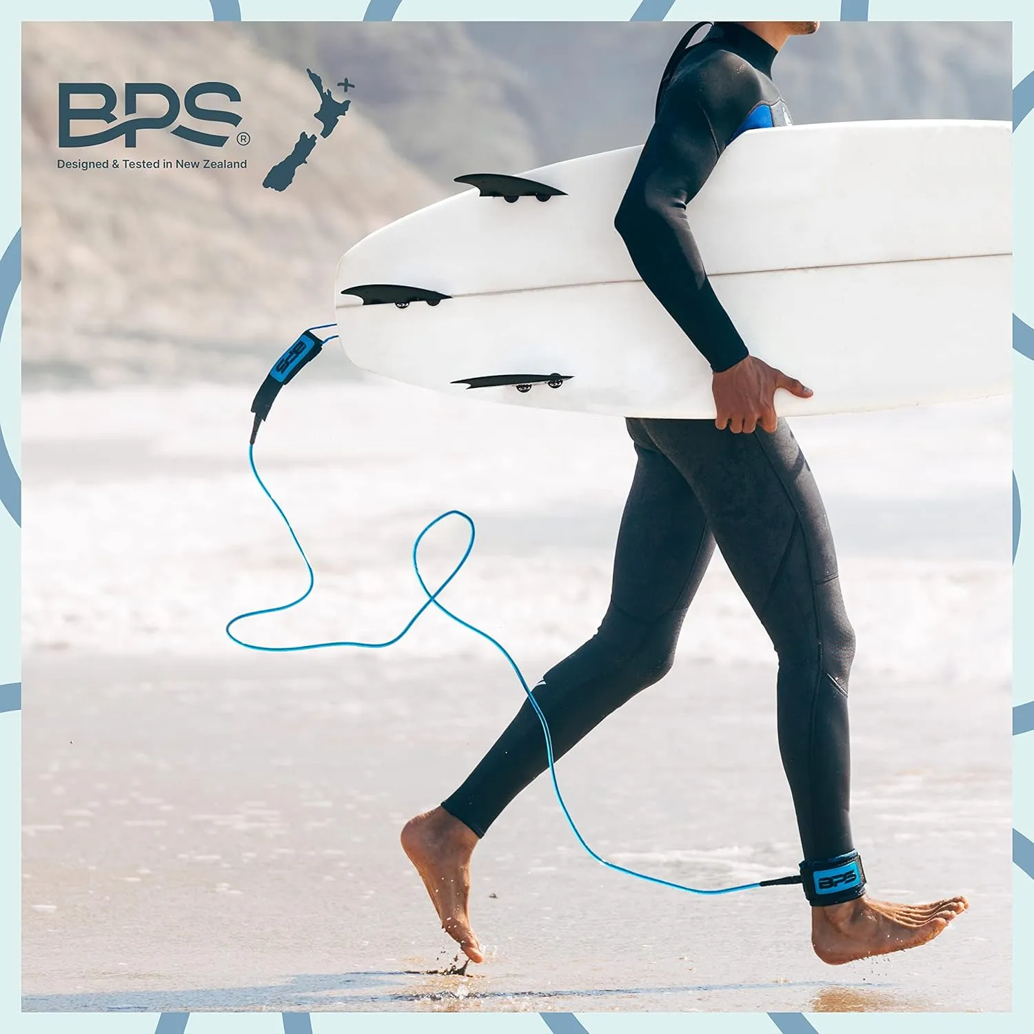 BPS New Zealand Storm Premium Surfboard Leash, 7.2mm 8mm Straight Surf Leash 6ft 7/8/9/10 ft, Legrope Strap for All Boards
