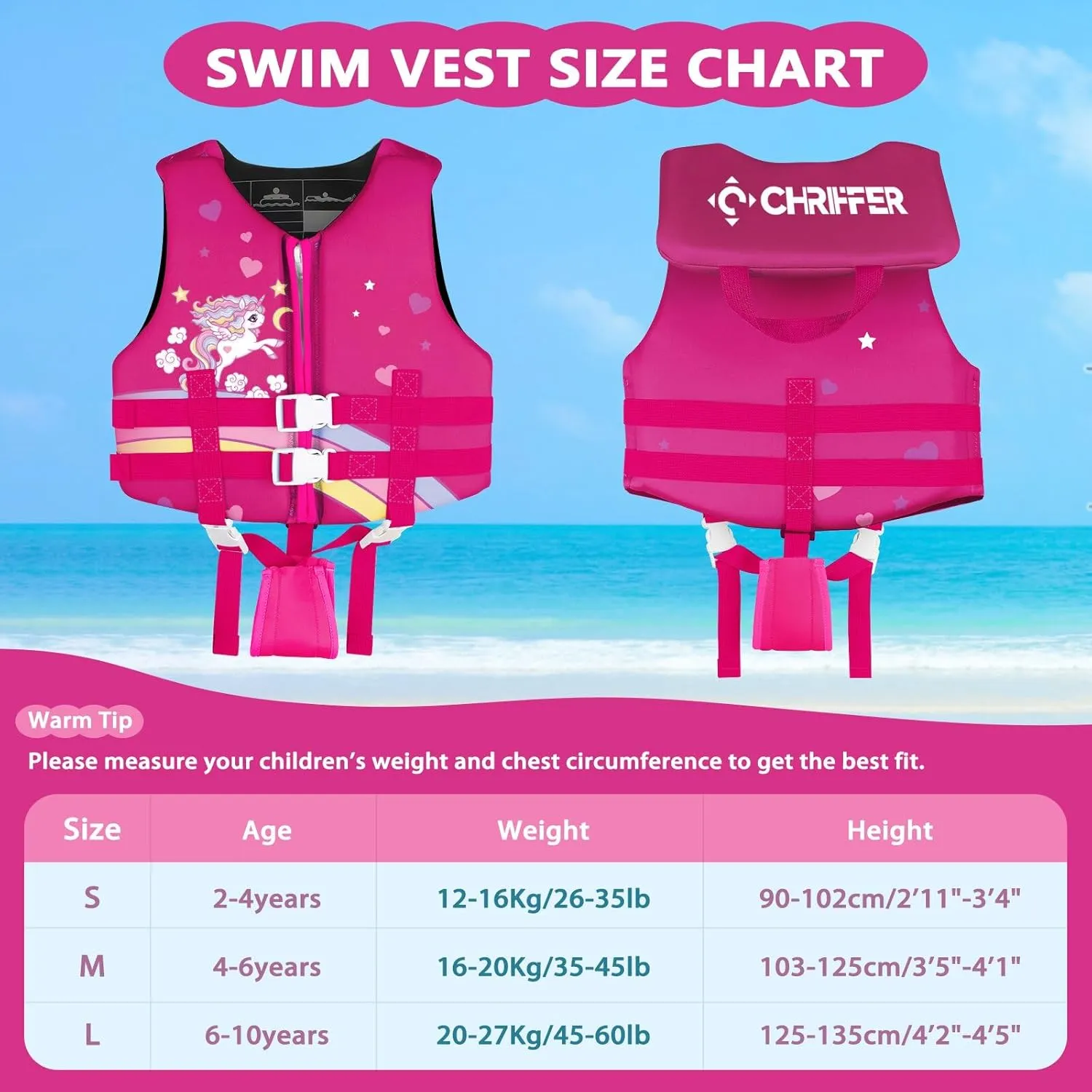 Chriffer Toddler Swim Vest Jacket for Boys Girls 20-70 Pounds/2-10 Years, Kids Swim Vest with Adjustable Safety Strap for Pool Beach Learn to Swim