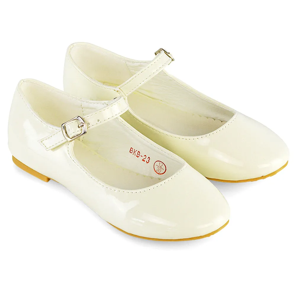 Connie Kids Strappy Buckle Detail Flat Ballerina Bridal Pump Wedding Shoes In White
