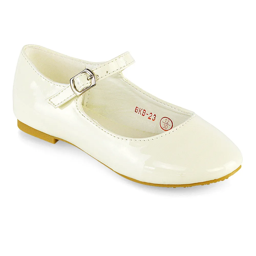 Connie Kids Strappy Buckle Detail Flat Ballerina Bridal Pump Wedding Shoes In White