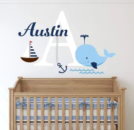 Custom Nautical Name Decal - Nautical Theme Decal - Nursery Wall Decals - Whale Decor - Baby Whale Anchor Sailboat Wall Decor Vinyl Sticker (24"W x 16"H)