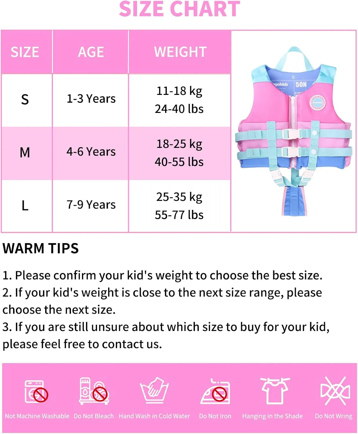 Gogokids Toddler Swim Vest, Kids Floaties for Boys Girls 20-30-40-50-60-70 pounds, Float Jacket with Adjustable Safety Strap, Pool Floation Swimwear for Children, Age 1-9 Years