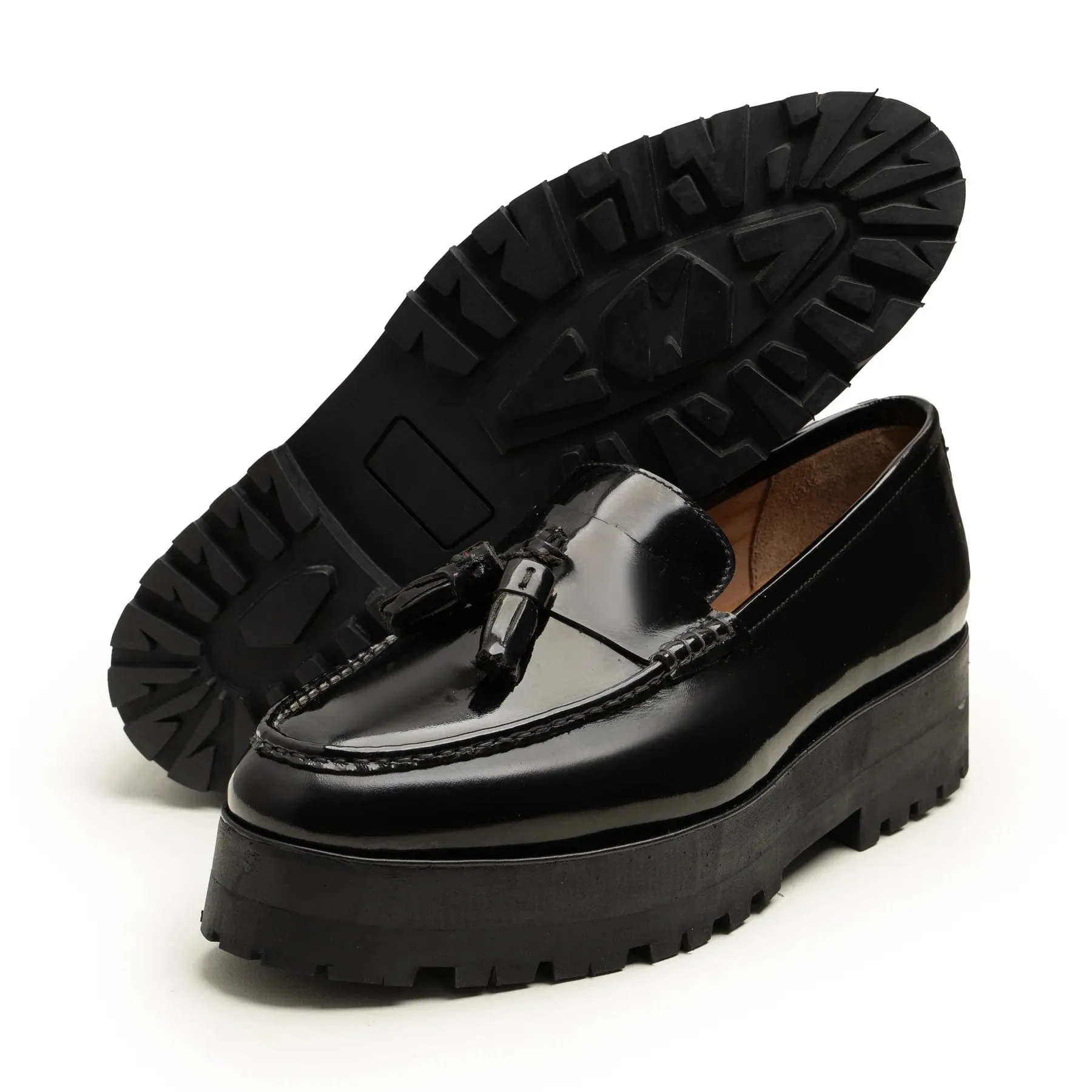 Handmade Custom Black Pattern Leather Mens Chunky Loafers