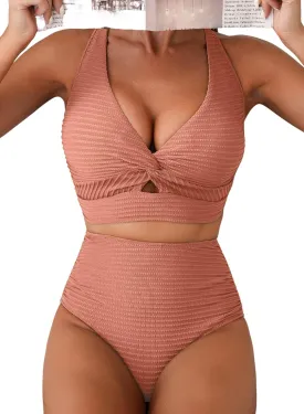 Herseas Women's Textured Bikini Sets Twist Front Top Swimsuits High Waisted Bathing Suits