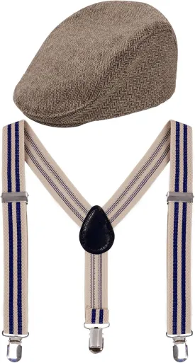 Kids Newsboy Cap with Suspender Set Adjustable Suspender Stylish Outfit for Wedding,Photoshoot,100 Days of School