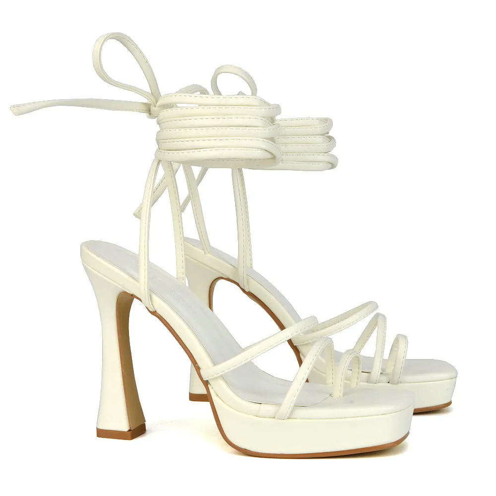 Melrose Toe Post Lace Up Straps Square Toe Platform High Heel in White Synthetic Leather