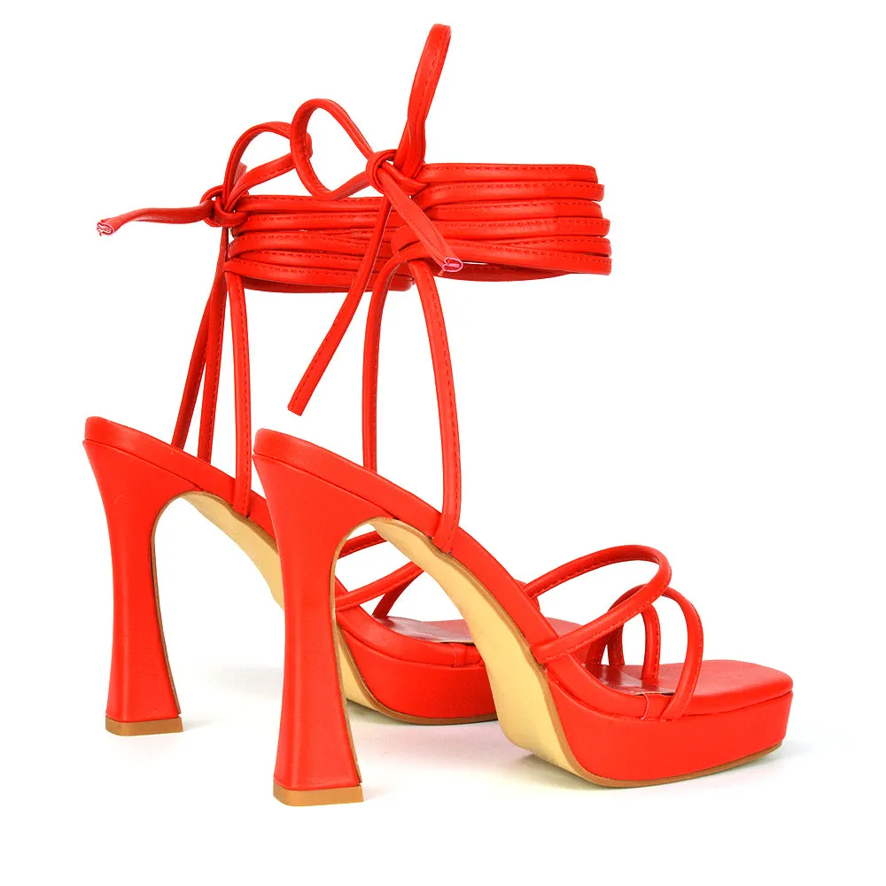 Melrose Toe Post Lace Up Straps Square Toe Platform High Heel in White Synthetic Leather