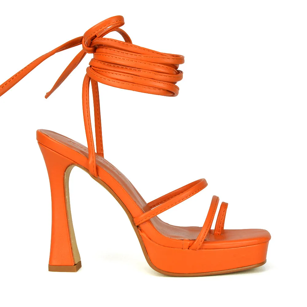 Melrose Toe Post Lace Up Straps Square Toe Platform High Heel in White Synthetic Leather