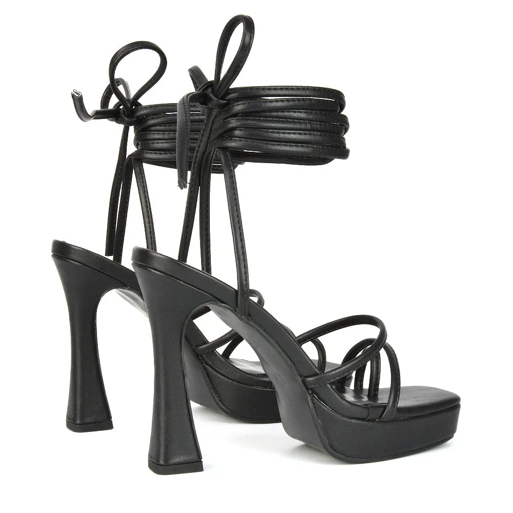 Melrose Toe Post Lace Up Straps Square Toe Platform High Heel in White Synthetic Leather