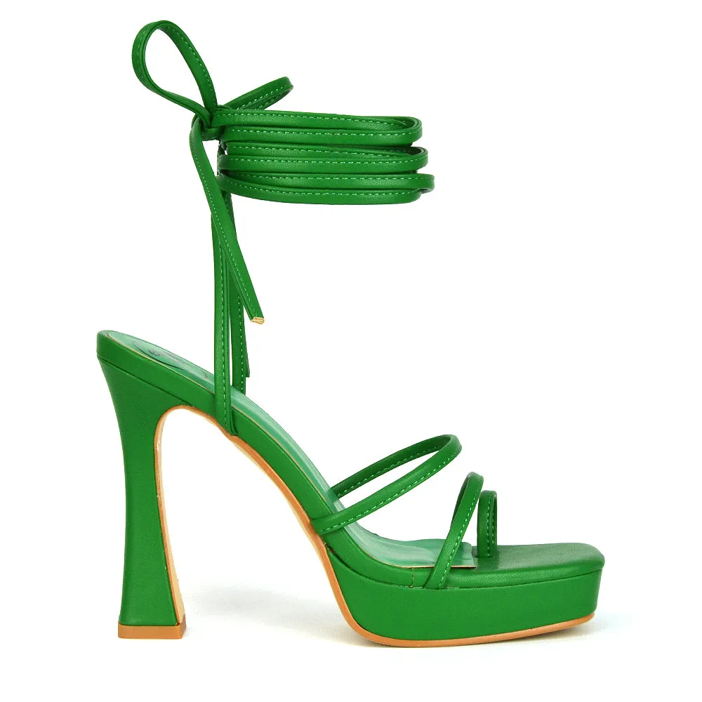 Melrose Toe Post Lace Up Straps Square Toe Platform High Heel in White Synthetic Leather