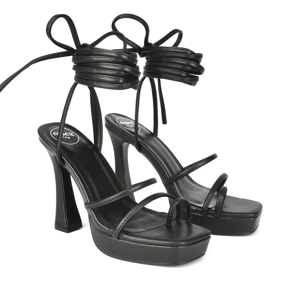 Melrose Toe Post Lace Up Straps Square Toe Platform High Heel in White Synthetic Leather