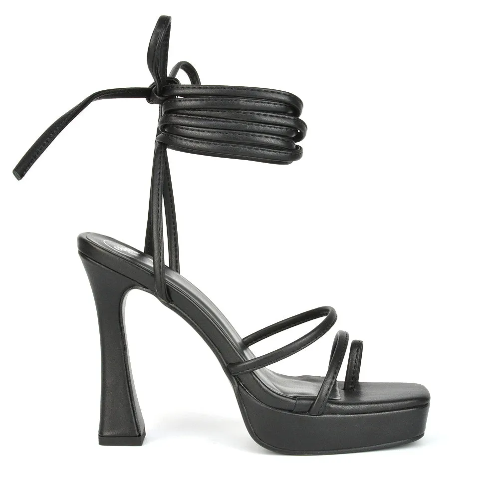 Melrose Toe Post Lace Up Straps Square Toe Platform High Heel in White Synthetic Leather