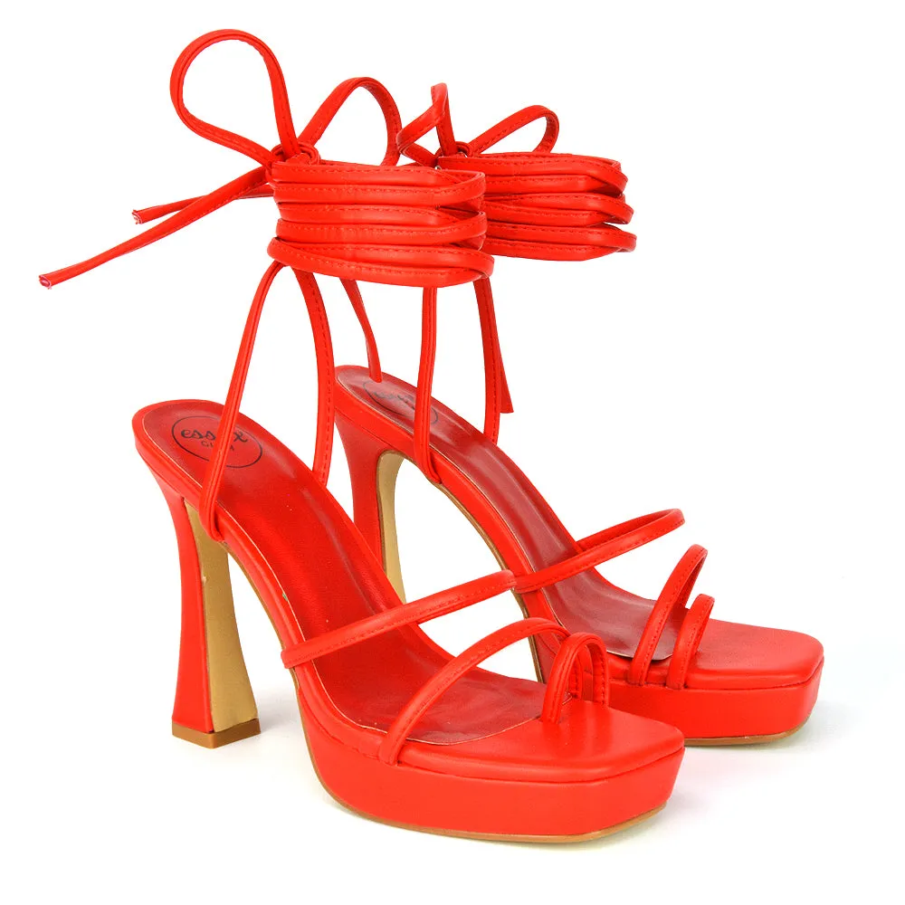 Melrose Toe Post Lace Up Straps Square Toe Platform High Heel in White Synthetic Leather