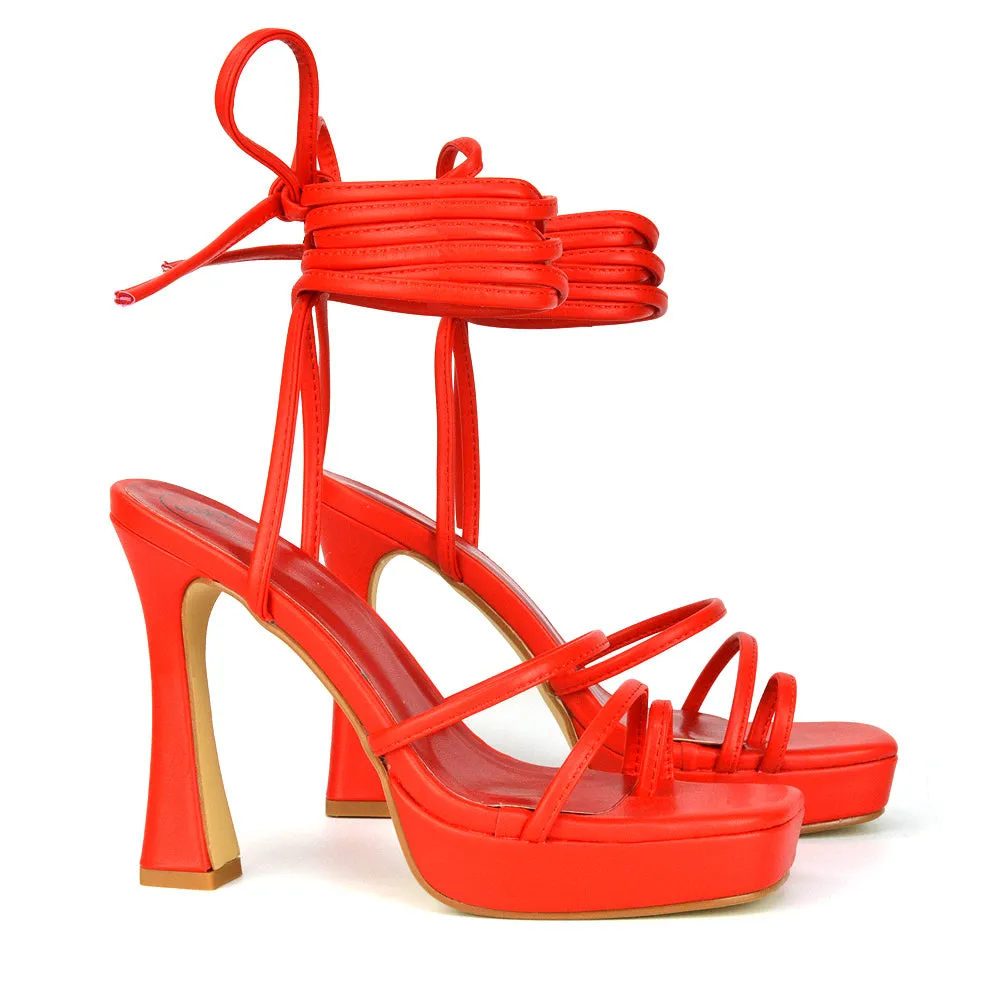 Melrose Toe Post Lace Up Straps Square Toe Platform High Heel in White Synthetic Leather