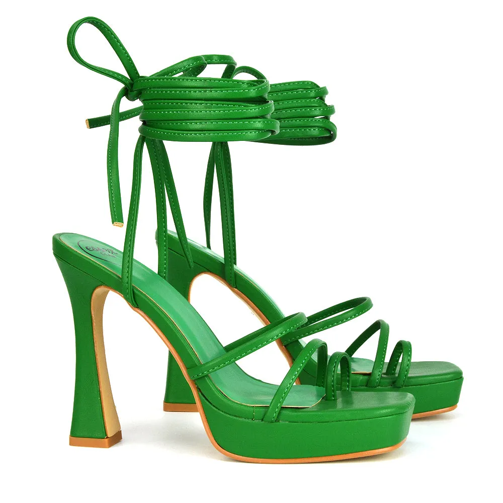 Melrose Toe Post Lace Up Straps Square Toe Platform High Heel in White Synthetic Leather