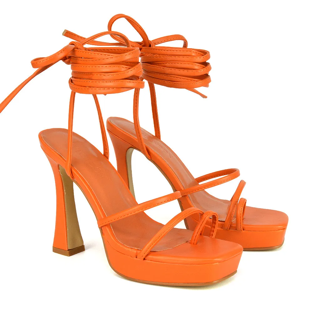 Melrose Toe Post Lace Up Straps Square Toe Platform High Heel in White Synthetic Leather