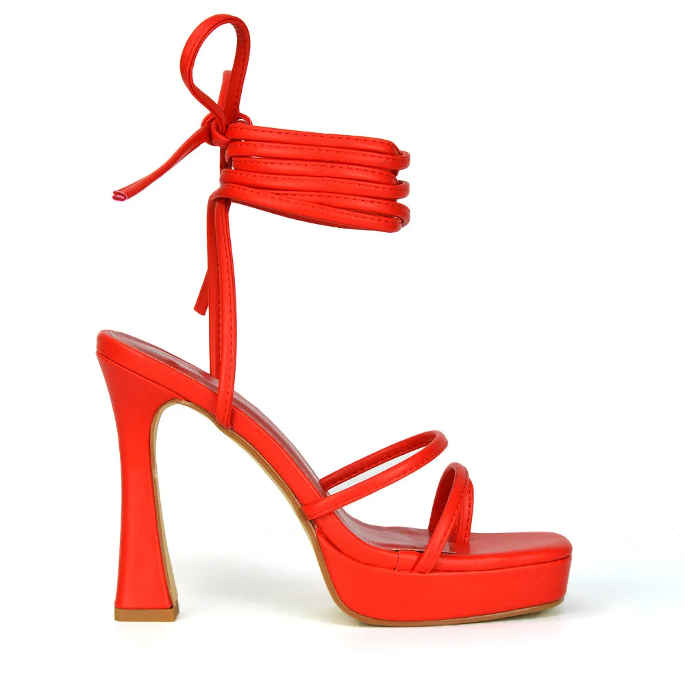 Melrose Toe Post Lace Up Straps Square Toe Platform High Heel in White Synthetic Leather
