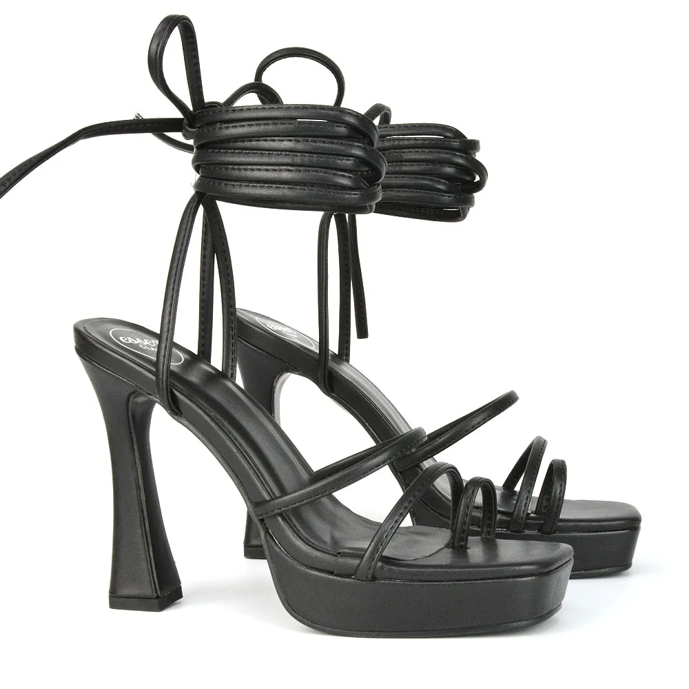 Melrose Toe Post Lace Up Straps Square Toe Platform High Heel in White Synthetic Leather