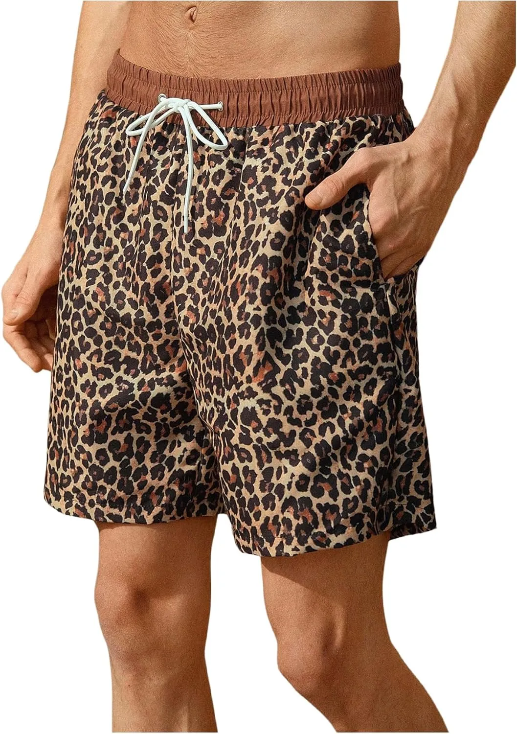 Men's Leopard Swim Trunks Hawaiian Beach Shorts Cheetah Swimsuit Drawstring Waist Bathing Suit Board Shorts