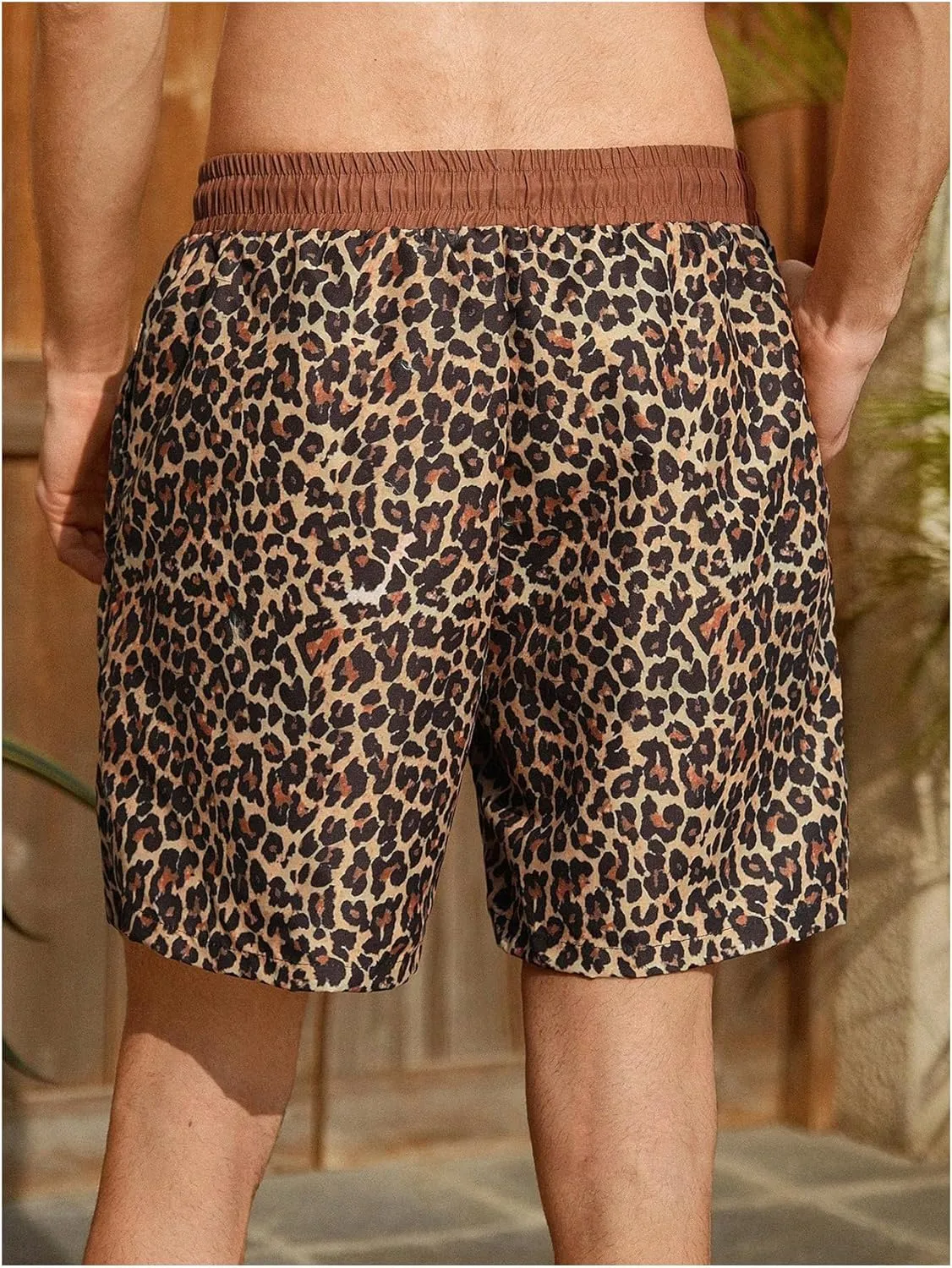 Men's Leopard Swim Trunks Hawaiian Beach Shorts Cheetah Swimsuit Drawstring Waist Bathing Suit Board Shorts