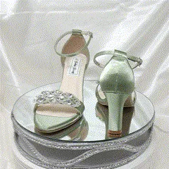 Sage Green Wedding Shoes with Block Heel Crystal Applique Design