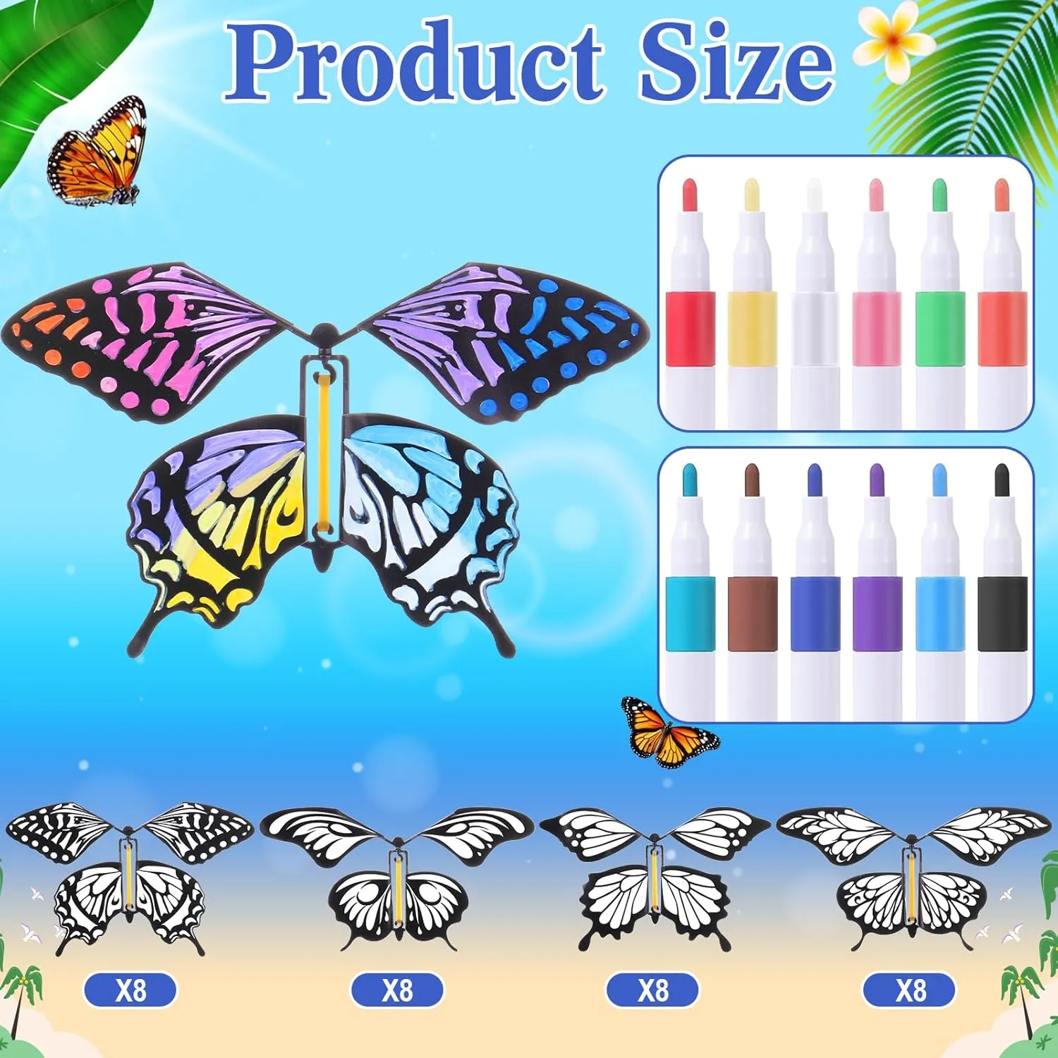 Seenelling 44 Pcs Flying Butterfly Craft Kit with 32 Wind up Butterflies and 12 Color Pens People Painting White Paper Butterflies DIY Toy for Party Game School Activity Birthday Gift (Style 1)