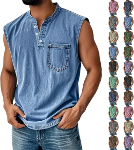 Sleeveless Shirts for Men Henley Neck Big Tall Workout Muscle Tank Tops Summer Relaxed Fit Plain Oversized Tshirts