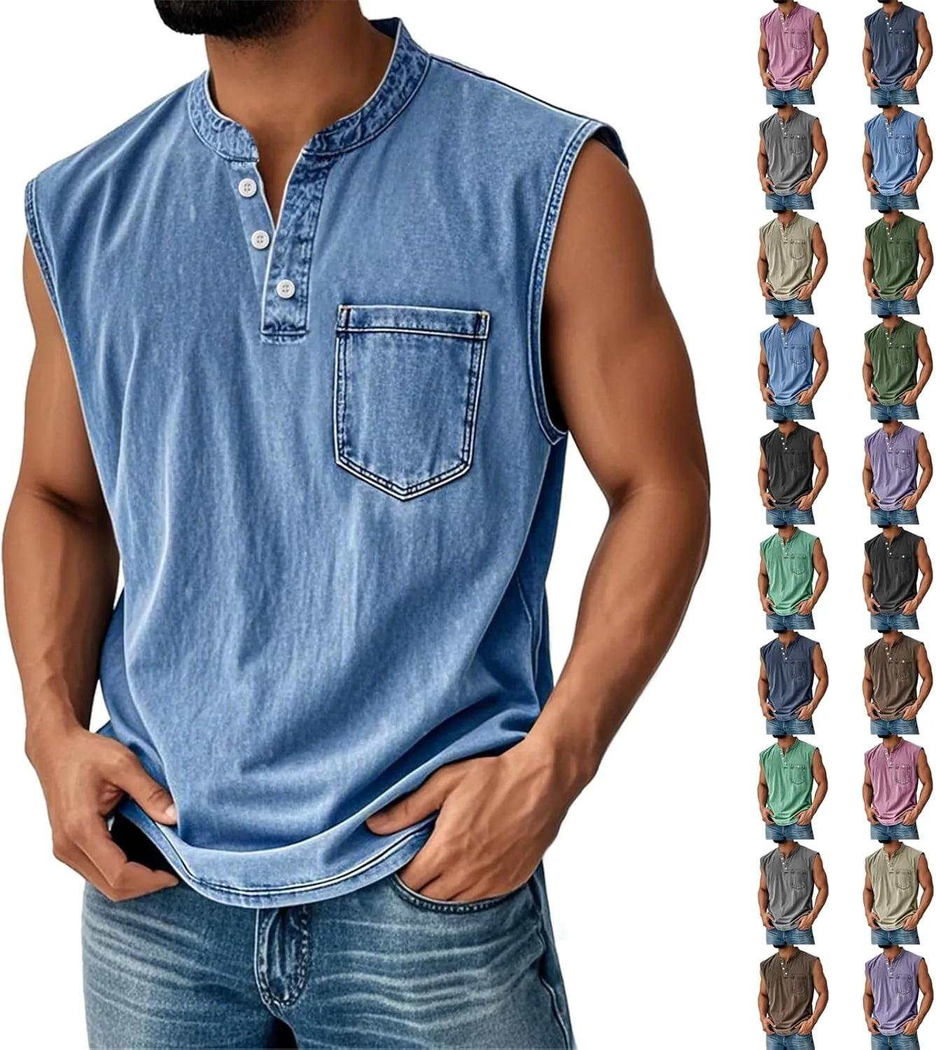 Sleeveless Shirts for Men Henley Neck Big Tall Workout Muscle Tank Tops Summer Relaxed Fit Plain Oversized Tshirts
