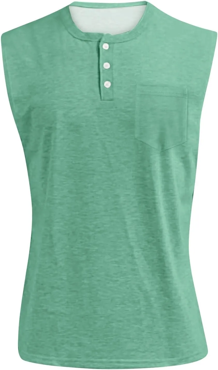 Sleeveless Shirts for Men Henley Neck Big Tall Workout Muscle Tank Tops Summer Relaxed Fit Plain Oversized Tshirts