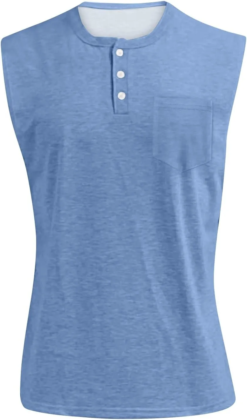 Sleeveless Shirts for Men Henley Neck Big Tall Workout Muscle Tank Tops Summer Relaxed Fit Plain Oversized Tshirts