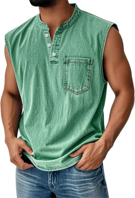 Sleeveless Shirts for Men Henley Neck Big Tall Workout Muscle Tank Tops Summer Relaxed Fit Plain Oversized Tshirts
