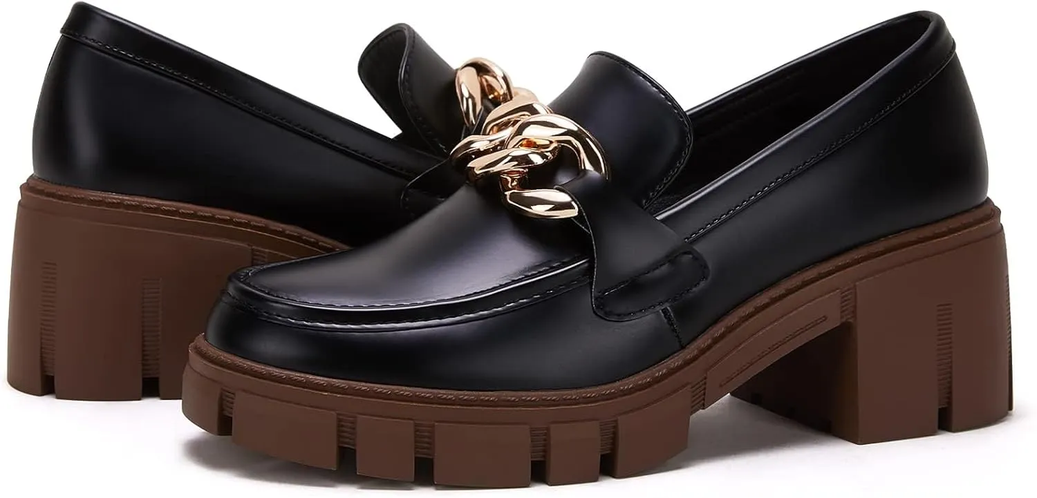TINSTREE Platform Loafers for Women with Chain Comfort Chunky Heel Slip On Round Toe Business Work Shoes