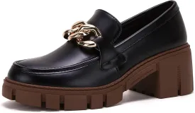 TINSTREE Platform Loafers for Women with Chain Comfort Chunky Heel Slip On Round Toe Business Work Shoes