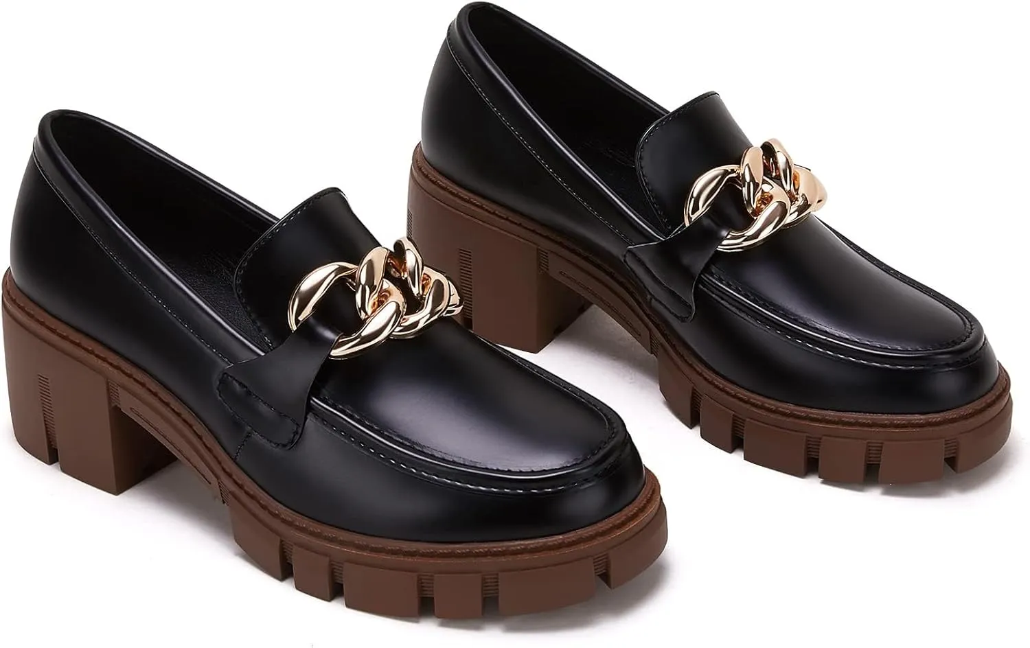 TINSTREE Platform Loafers for Women with Chain Comfort Chunky Heel Slip On Round Toe Business Work Shoes