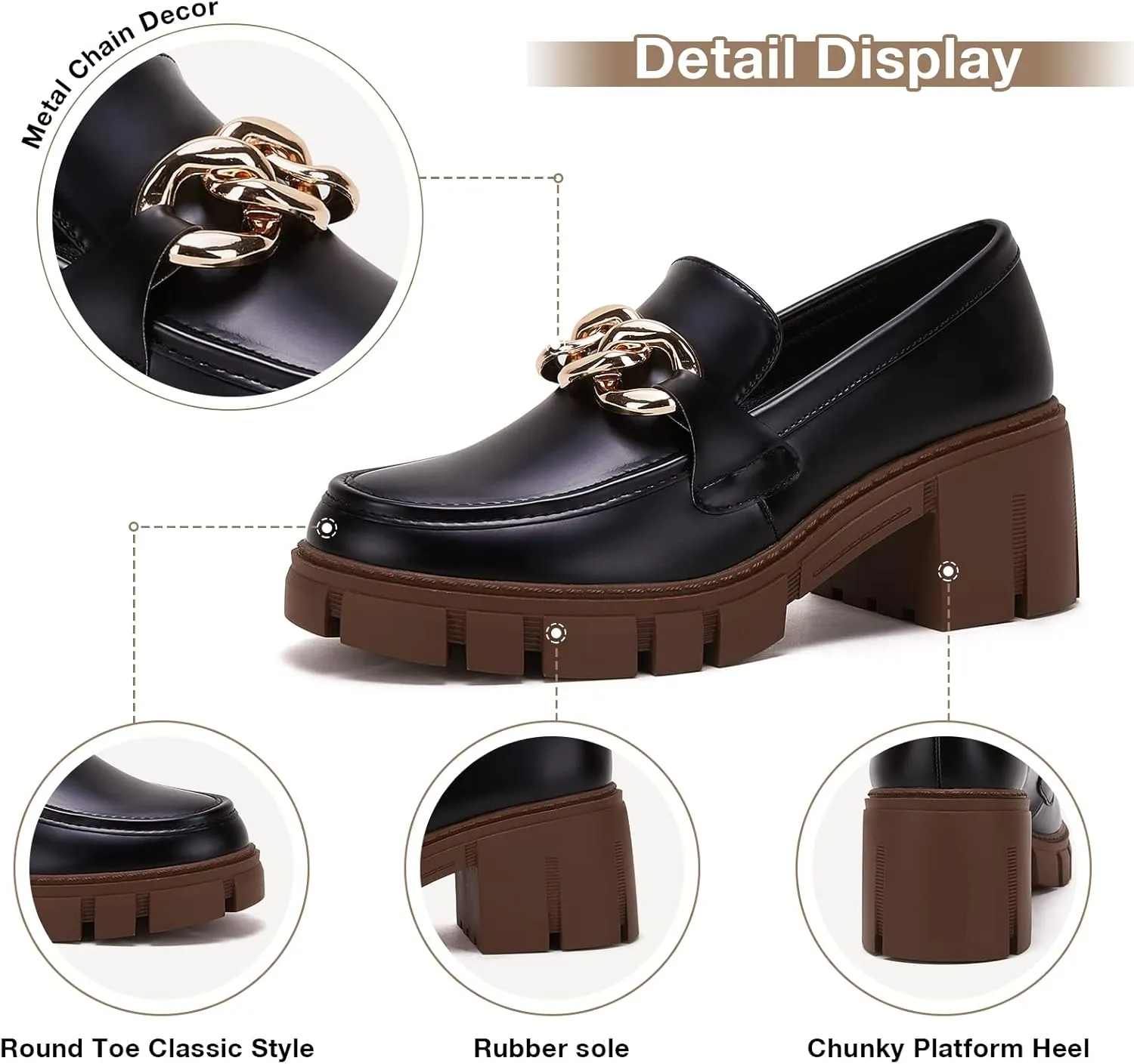 TINSTREE Platform Loafers for Women with Chain Comfort Chunky Heel Slip On Round Toe Business Work Shoes